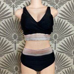 High Waisted Bikini Smocked Waist V Neck Swimsuit Size Large Black Beach